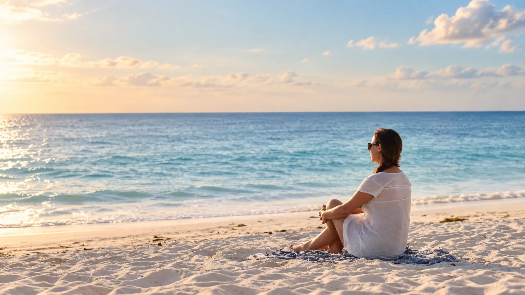 Fernanda sitting on the beach at sunset, looking out at the sea
