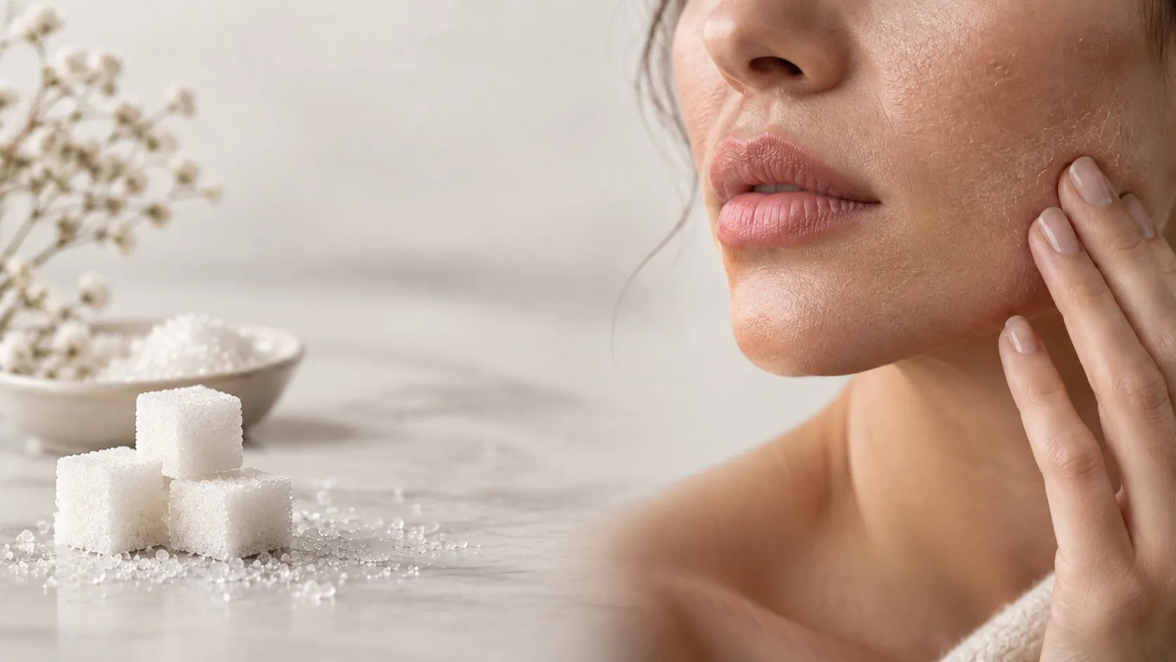 Close-up of a woman’s skin next to sugar cubes