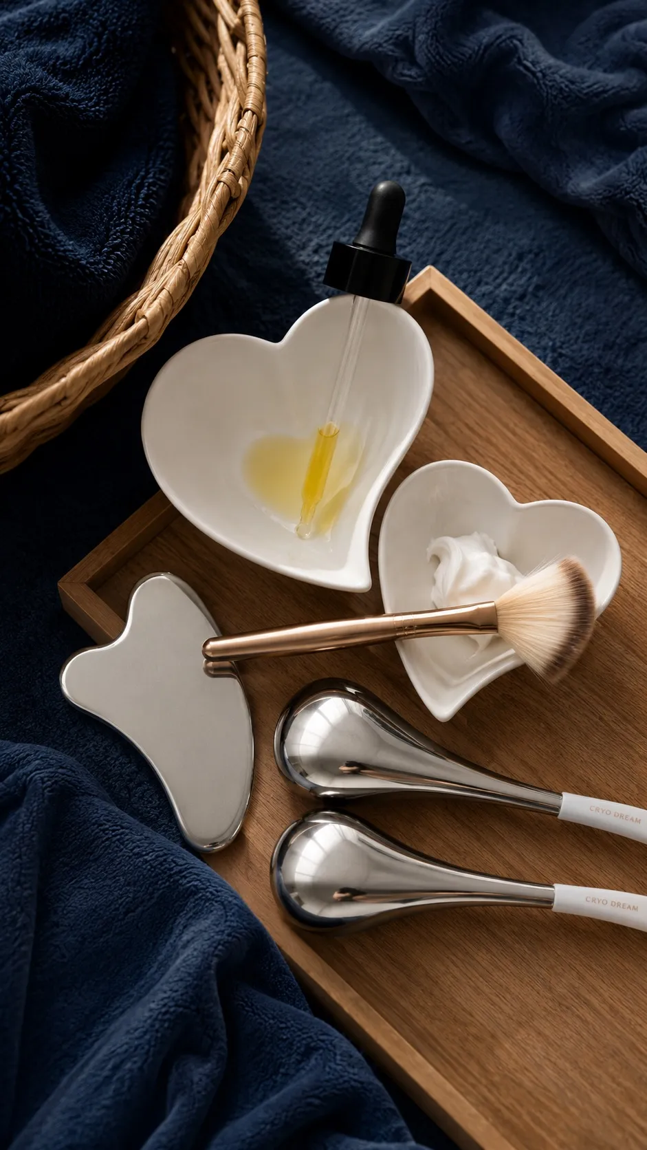 Facial treatment tools, including a gua sha stone, cooling globes and a skincare brush